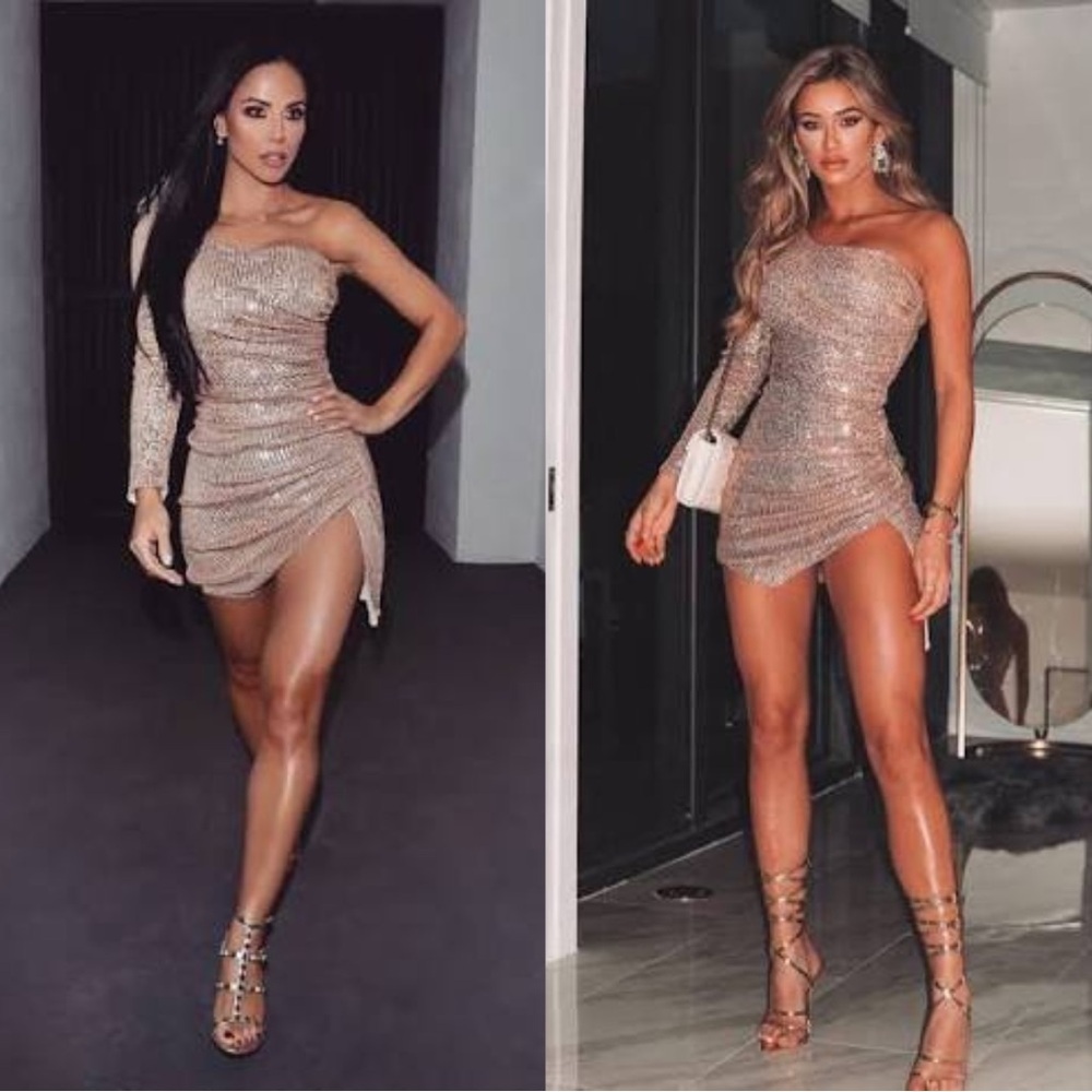 NWT Meshki Kirstie One Shoulder Sequin Mini Dress Silver Gold XL